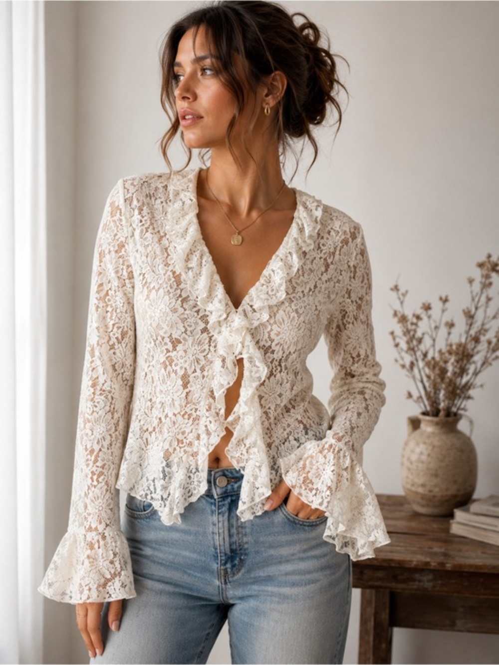 Vintage Ivory Floral Cream Lace Ruffle Blouse Bell Sleeve Y2K Romantic Boho XL